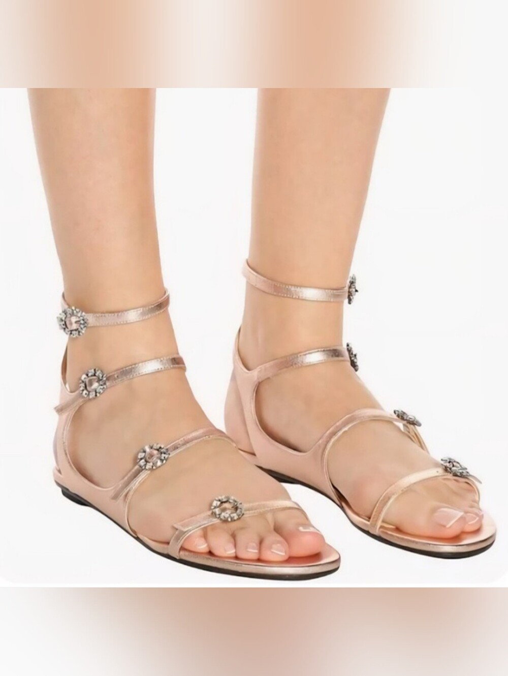 Jimmy Choo Naia Flat Sandals Metallic Tea Rose/ Crystal Sandals Size 11